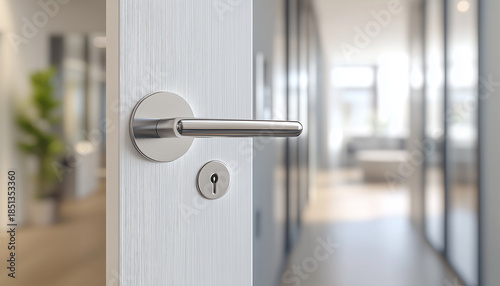 Close-up of a sleek metallic door handle on a light wood door, realistic style, indoor blurred hallway background, concept of modern