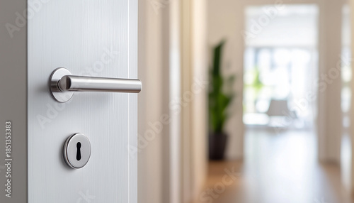Close-up of a sleek metallic door handle on a light wood door, realistic style, indoor blurred hallway background, concept of modern