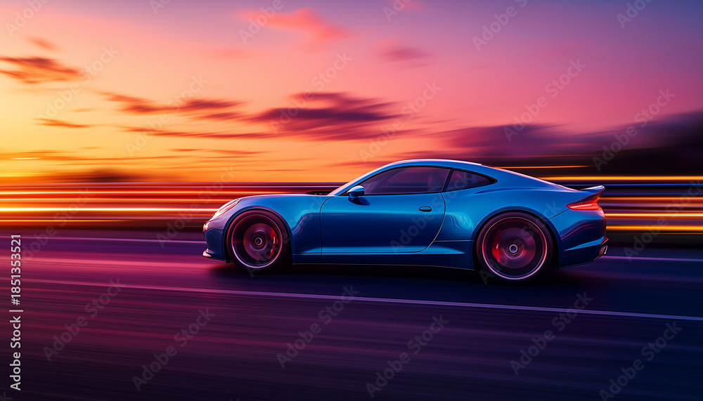 Naklejka premium car driving in motion, blue car on high speed . Blue car rushing along a high-speed highway