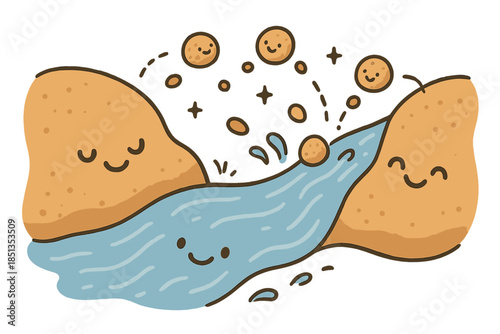 Cheerful Riverbank Dynamics. Cute doodle erosion and deposition processes with cheerful riverbanks, cartoon sediment grains