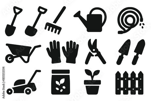 Gardening Tools Icons. Solid style icons of Gardening tools: shovel, rake, watering can, hose, wheelbarrow, garden gloves, pruner,