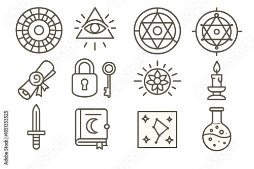 Mystical Line Icons. Line style icons of Hidden Knowledge: Cipher Wheel, Occult Mark, Arcane Diagram, Initiation Scroll; Lock and