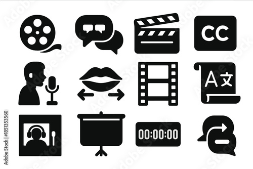 Dubbing Film Icons. Solid style icons of dubbing foreign films: movie reel, synchronized speech bubble, clapperboard, subtitle