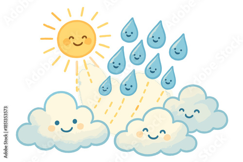 Joyful Cloud Formation. Cloud formation workshop with happy water droplets rising, sunbeams guiding them, and fluffy clouds