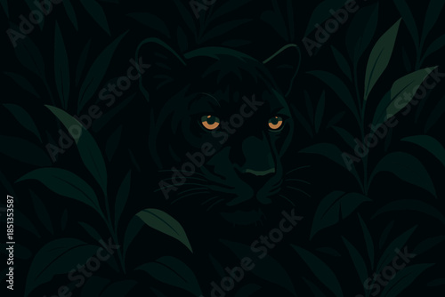 Mysterious Panther in Greenery. Dramatic shot of a black panther hiding in dense greenery, illuminated by subtle light, bold and