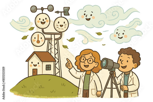 Joyful Weather Station. Weather station on a hill with smiling instruments, playful winds, and cheerful scientists watching the