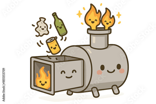 Happy Pyrolysis Reactor. Cute doodle pyrolysis reactor with smiling chambers, cartoon waste items hopping inside, cheerful heat