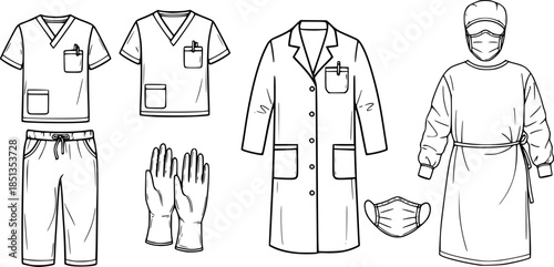 Medical Professional Attire: Hand-Drawn Scrubs, Lab Coat, Gown, Mask, Gloves Icons
