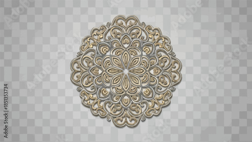 Intricate gold and silver mandala design on a transparent gray and white checkered background with ornate patterns and shapes.