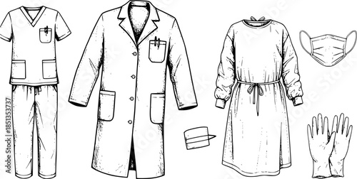 Medical Professional Attire: Hand-Drawn Scrubs, Lab Coat, Gown, Mask, Gloves Icons
