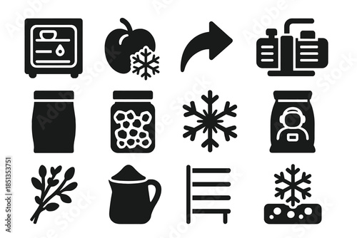 Freeze-Drying Technology Icons. Solid style icons of freeze-drying technology: freeze dryer chamber, frozen fruit, sublimation