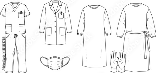 Medical Professional Attire: Hand-Drawn Scrubs, Lab Coat, Gown, Mask, Gloves Icons
