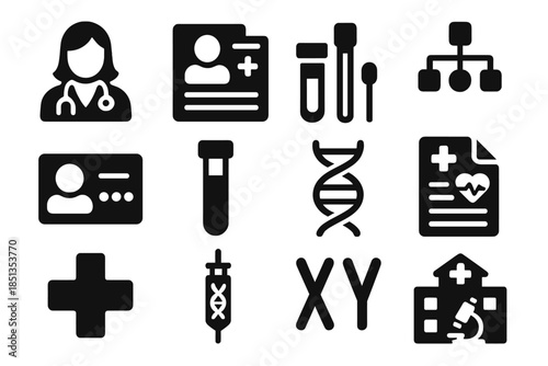 Medical Genetics Icons. Solid style icons of medical genetics: genetic counselor, patient chart, DNA test kit, hereditary tree