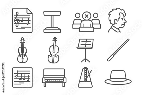 Musical Line Icons. Line style icons of Abandoned Composition: Unfinished Score, Conductor's Podium, Silent Orchestra, Lost Genius