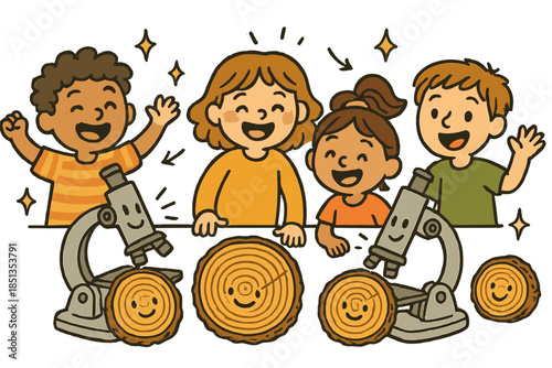 Joyful Tree Ring Study. Joyful doodle tree ring analysis workshop with happy students, cartoon microscopes observing smiling cross
