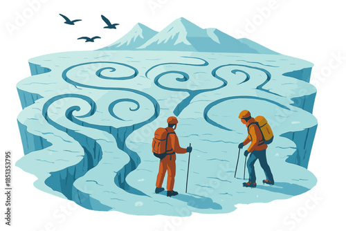 Climbers on Glacier Crevices. Glacier scene with cracks forming playful patterns, climbers studying them, and birds circling above