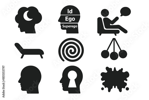 Icons of Psychoanalysis. Solid style icons of Psychoanalysis: Dream Symbol, Id Ego Superego, Talking Patient, Therapist Chair,