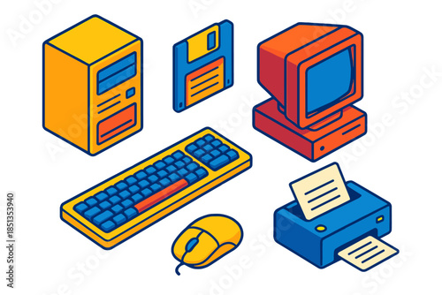 Retro Computing Icons. Isometric vector illustration set Personal Computing: early desktop PC, floppy disk, keyboard, CRT monitor,
