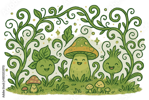 Magical Mystical Forest. Magical doodle mystical forest with smiling psychoactive plants, cartoon vines twirling joyfully, tiny