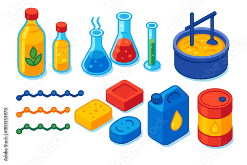 Oleochemical Essentials Icons. Isometric vector illustration set Oleochemistry: vegetable oil bottles, chemical lab glassware,