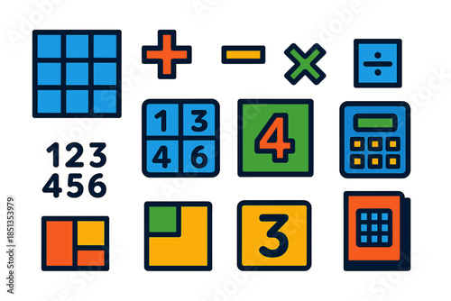 Bold KenKen Icons. Flat vector icons of KenKen puzzles: arithmetic grid, plus sign, minus sign, multiplication sign, division sign