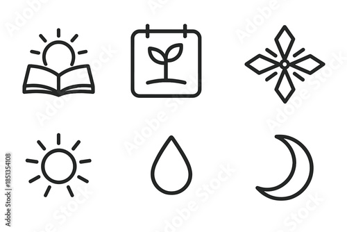 Line Style Icons. Line style icons of Agrarian Knowledge: Weather Forecast, Planting Schedule, Tide Chart, Folkloric Wisdom; Sun,