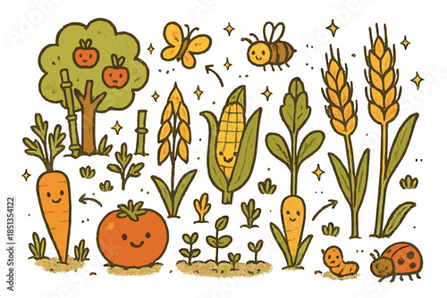 Whimsical Agroecology Fantasy. Whimsical doodle agroecology farm with smiling crops, cartoon vegetables and grains waving,