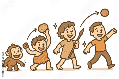 Cheerful Evolution of Throwing. Cute doodle evolution of throwing scene with cheerful humans through time, cartoon projectiles