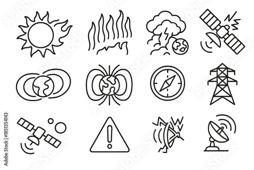 Solar System Icons. Line style icons of Solar System Effects: Sun Flare, Aurora Borealis, Geomagnetic Storm, Satellite