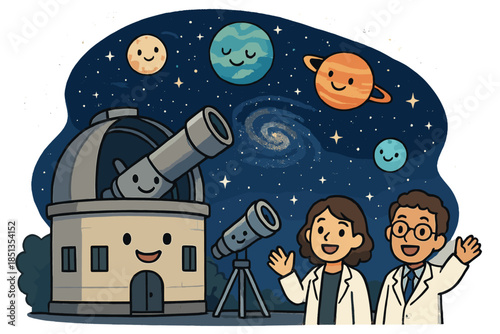 Celestial Observatory Joy. Galaxy observatory with telescopes smiling, scientists waving, and exoplanets parading across the sky