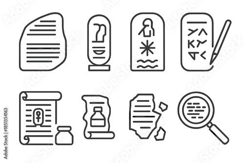 Ancient Language Icons. Line style icons of Ancient Translation: Rosetta Stone, Undeciphered Script, Linguistic Puzzle, Cultural