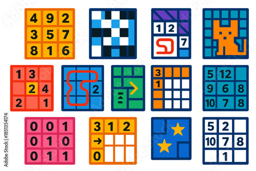 Colorful Math Puzzle Icons. Flat vector icons of recreational math puzzles: magic square, number crossword, Latin square, Kakuro