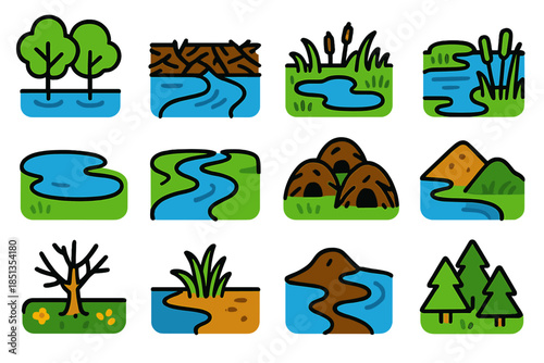 Beaver Ecosystem Icons. Flat vector icons of Beaver Landscape Transformation: flooded grove, dammed creek, wetland expansion,