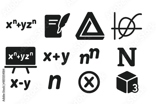 Fermat's Theorem Icons. Solid style icons of Fermat's Last Theorem: xⁿ+yⁿ=zⁿ diagram, proof manuscript, impossible triangle,