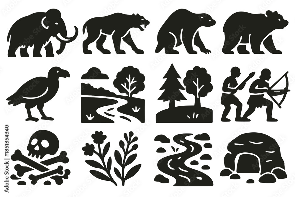 Obraz premium Prehistoric Life Icons. Solid style icons of Prehistoric life: woolly mammoth, saber-tooth tiger, giant sloth, cave bear,