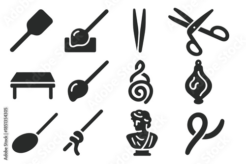 Molten Glass Sculpting Icons. Solid style icons of sculpting with molten glass: shaping paddle, wooden block tool, steel tweezers,