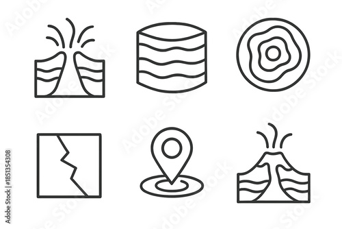 Geothermal Hotspot Elements. Line style icons of Geothermal Hotspots: rising magma plume, earth crust layers, thermal map,