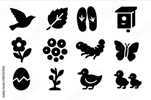 Seasonal Wildlife Icons. Solid style icons of Seasonal Wildlife: Migrating Bird, Fallen Leaf, Snow Track, Nesting Box, Flower