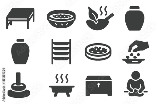 Traditional Tea Processing Icons. Solid style icons of traditional processing methods: rolling table, bamboo tray, pan firing,