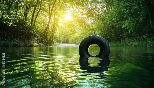 Tire floating on water in a lush green forest with sunlight filtering through trees.