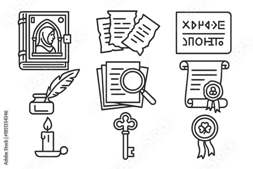 Secret Icons in Line. Line style icons of Secret Chronicles: Illuminated Manuscript, Torn Pages, Ciphered Text, Concealed