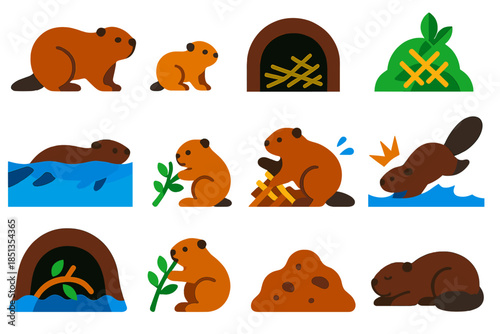 Beaver Family Life Icons. Flat vector icons of Beaver Family Life: adult beaver, baby kit, lodge interior, food cache, beaver
