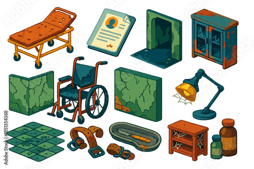Forgotten Asylum Objects. Isometric vector illustration set Forgotten Asylum: corroded gurney, faded patient chart, hollow hallway