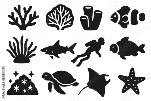 Coral Reef Icons. Solid style icons of Coral night reef: branching coral, sea fan, sponge, clownfish, glowing anemone, reef shark,
