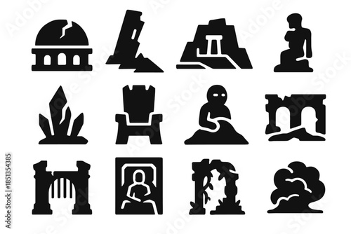 Ruined World Icons. Solid style icons of Ruined Worlds: Cracked Dome, Fallen Tower, Desert Temple, Broken Statue, Crystal Shard,