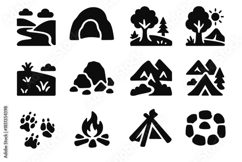 Prehistoric Habitat Icons. Solid style icons of Prehistoric habitats: river valley, cave entrance, forest clearing, grassland,