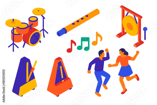 Dance Music Rhythm Essentials. Isometric vector illustration set Dance Music and Rhythm: drum set, flute, gong, rhythm notes,