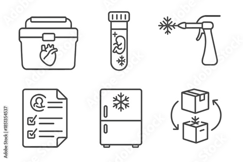 Medical Applications Icons. Line style icons of Applications in Medicine: organ storage chest, frozen embryo vial, cryosurgery
