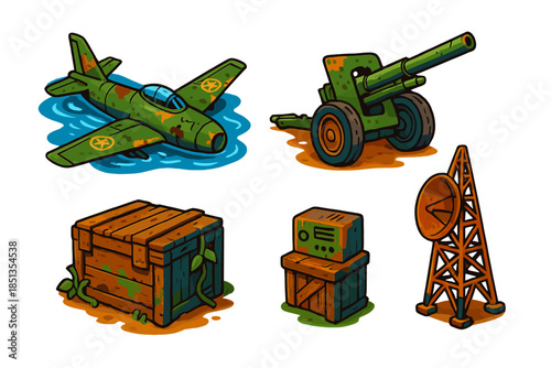 Abandoned Military Icons. Isometric vector illustration set Abandoned Military Hardware: Submerged fighter plane, weathered