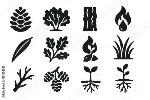 Fire-Adapted Flora Icons. Solid style icons of Fire-adapted flora: pine cone, chaparral shrub, resinous bark, fire-resistant seed,